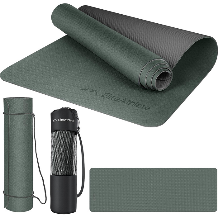 Килимок для йоги EliteAthlete 183×61×0,6 см, нековзкий, з ременем і сумкою, для фітнесу, пілатесу, тренувань, Deep Forest