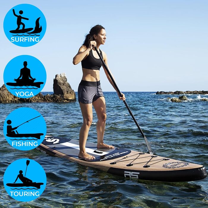 Надувна SUP дошка SereneLife з повним комплектом аксесуарів, дерев'яний дизайн, для дітей та дорослих, антиковзке покриття, насос, весло, рюкзак для перенесення