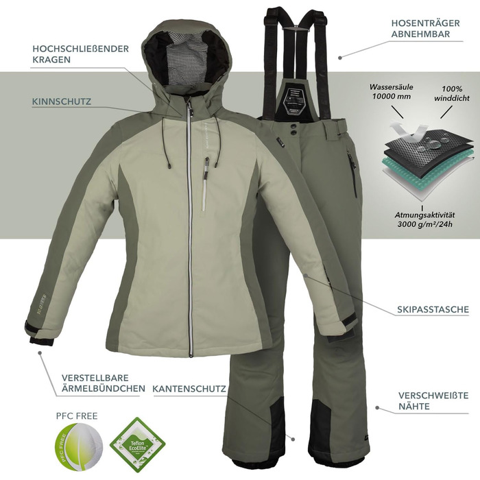 Жіночий гірськолижний костюм Killtec - комплект куртки та штанів, водонепроникний та дихаючий, 10000 мм водяного стовпа, без PFC, куртка зі снігозахисним манжетом, штани з кантозахистом (36, 2 частини, салатовий)