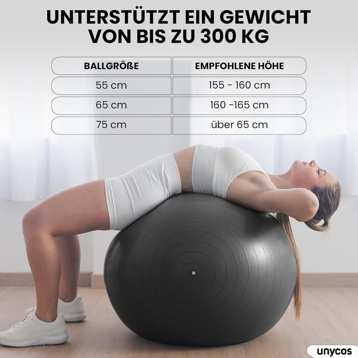 Фітбол Unycos 55/65/75 см: фітбол для йоги, фітнесу, балансу, пілатесу | З насосом, без BPA, антивибуховий | Зелений (#10), Сірий (#12)