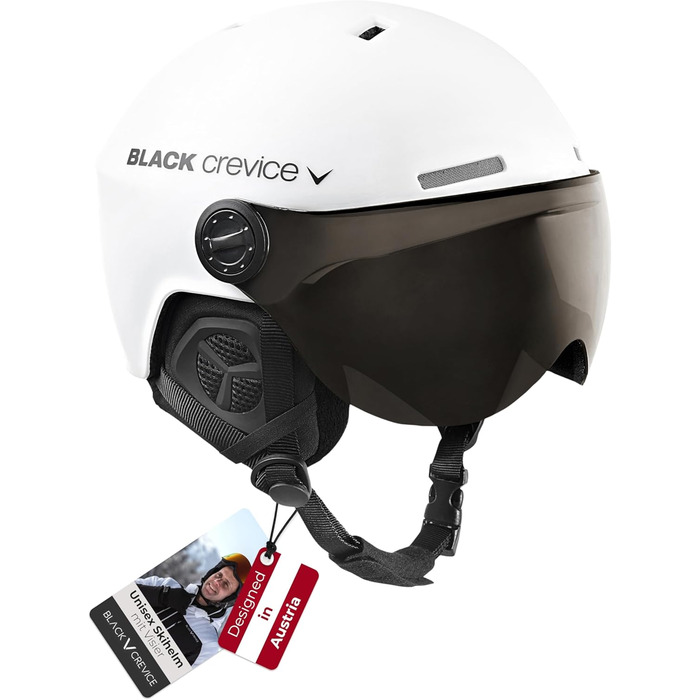 Шолом гірськолижний BLACK CREVICE Gstaad з візором (стиль пілота) для чоловіків та жінок | Полікарбонат, дихаючий, регульований S/M, білий