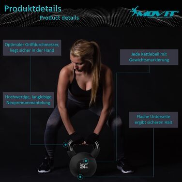 Гиря MOVIT PRO з чавуну з неопреновим покриттям, 8 кг, червона, безпечна, для фітнесу, перевірена на шкідливі речовини