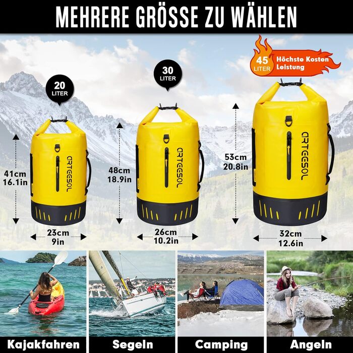 Чорний рюкзак Blackace Arteesol водовідштовхуючий, Dry Bag 20L, 40L, 45L - для каякінгу, кану, кемпінгу, трекінгу, походів, вітрильного спорту та інших водних видів спорту (Жовтий, 45L)