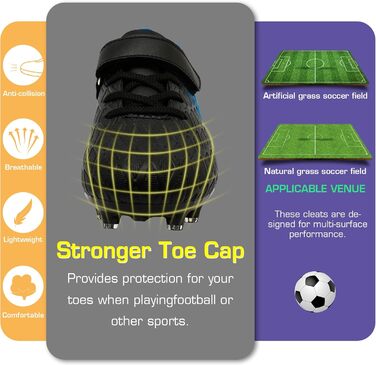 Дитячі футбольні бутси DimaiGlobal з шипами для хлопчиків та дівчаток. Зал, штучний газон, фрістайл, футзал. Професійне тренування. 33 EU, чорний/синій