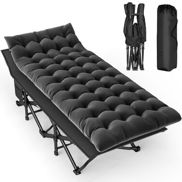Розкладне ліжко-тахта для кемпінгу з матрацом, сталеве, чорне, 190x71x35 см