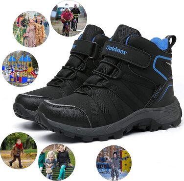 Дитячі зимові черевики: зимові черевики, черевики для хайкінгу, снігоступи для хлопчиків та дівчаток, з теплим підкладкою, водонепроникні, бавовняні черевики, черевики для трекінгу, снігоступи з застібкою-липучкою, розмір 37 EU, чорний, синій
