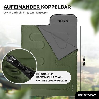 Спальний мішок для кемпінгу з капюшоном до -3°C з подушкою - зимовий та літній спальний мішок на 3-4 сезони (75 x 220 см) - для жінок та чоловіків (теплий) Зелений 280GSM