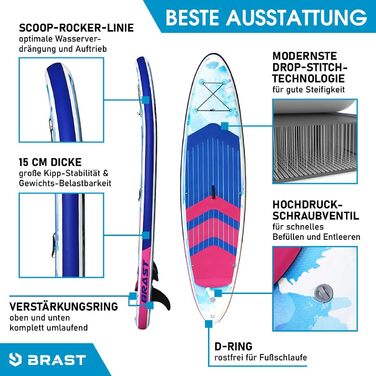 Надувна SUP-дошка BRAST Lady 300 см для жінок, набір 2в1 з веслом, сидінням-каяком, кріпленням для екшн-камери, насосом, рюкзаком, аксесуарами