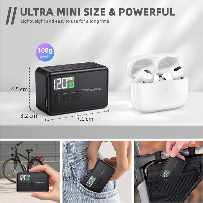 Електричний міні-насос VEEAPE Tiny Pump 120 PSI для велосипедів (Presta, Schrader) – портативний насос для шосейних, гірських, міських та електровелосипедів
