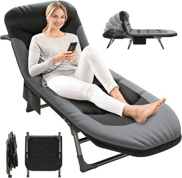 Кемпінгове ліжко AlpineAura - широке, складне, 190x65x30 см, 6 положень, для відпочинку на природі, чорне