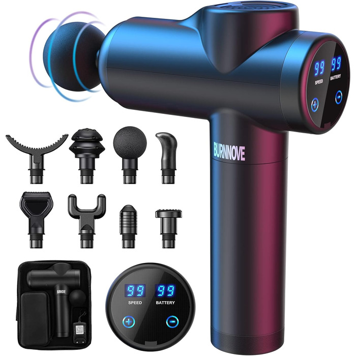 Масажер BURNNOVE для тіла та спини з LED-дисплеєм, 99 режимів, 8 насадок, акумулятор 2550mAh, чорний