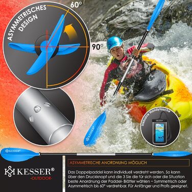 Весло KESSER® Paddle з подвійним лезом - 4 частини для каяка, SUP, стінд-ап паділбордингу, 228 см, алюміній. Включає страхувальну мотузку, чохол для телефону, дошка для серфінгу.
