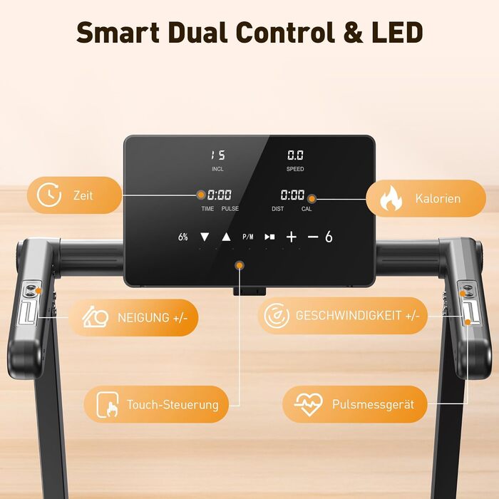 Складний біговий тренажер для дому з автоматичним нахилом 15%, потужність 3.5 PS, 12 програм HIIT, Smart App, швидкість 1-14 км/год, LED дисплей, вимірювання пульсу, вантажопідйомність 136 кг, чорний