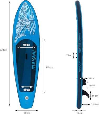 Надувна SUP-дошка ECD Germany Makani 320 см, PVC, алюмінієве весло, повний комплект, синя/помаранчева/чорна/бірюзова/зелена – для серфінгу, веслування, серфборд