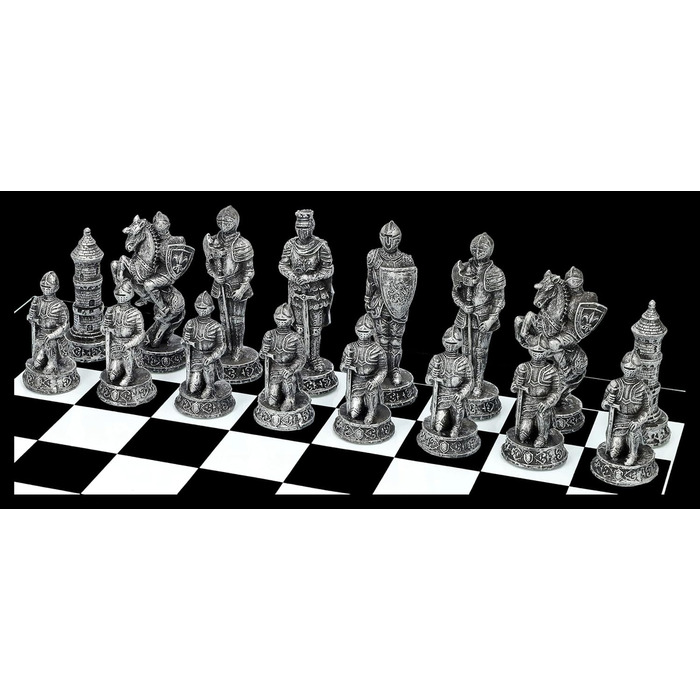 Шахи середньовічні лицарі Золото vs Срібло - набір шахів з скляною шахівницею та фігурами