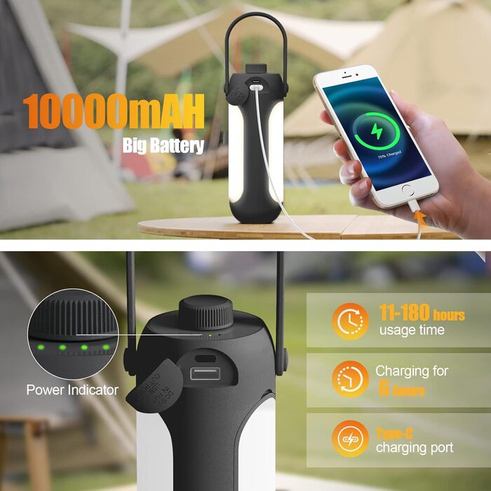 LED кемпінговий ліхтар на акумуляторі 10000 mAh, бездротовий, з 3 режимами освітлення, для наметів та відпочинку на природі, чорний