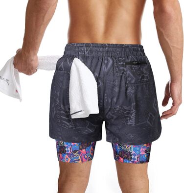 Чоловічі спортивні шорти 2-в-1 для бігу, тренувань та активного відпочинку (L, чорний камуфляж з квітковим підкладом)