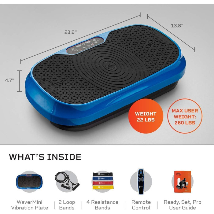 Віброплатформа Lifepro Waver Mini з пультом та гумовими петлями - для лімфодренажу, тонусу м'язів, 99 рівнів, 10 програм (Синя)