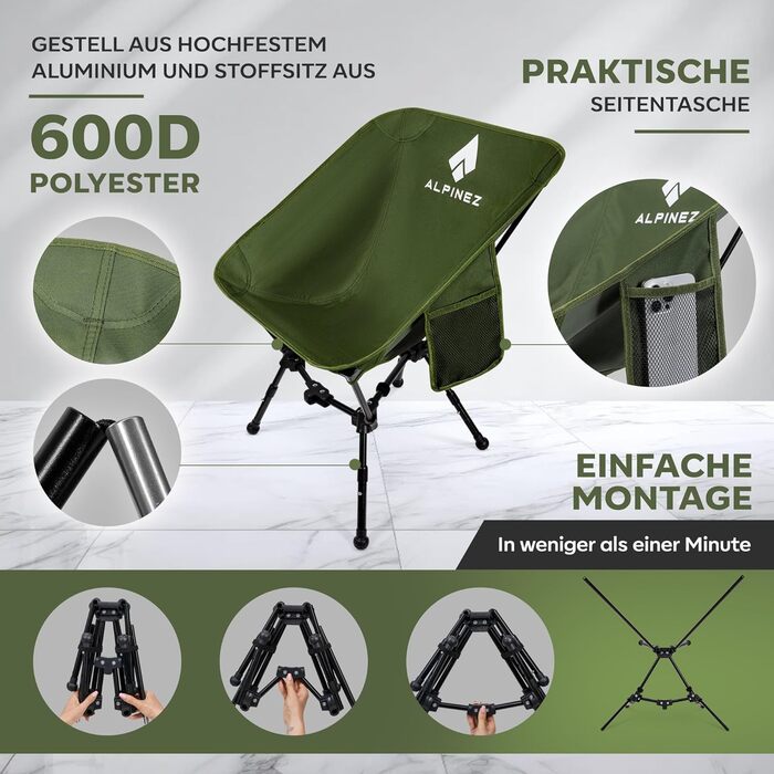 Зручний складаний стул для кемпінгу Alpinez: легкий, регульований по висоті, з компактним розміром | Стільці для риболовлі, пляжу, відпочинку на природі. Зелений колір