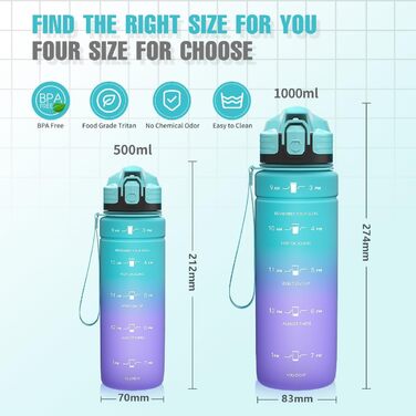 Спортивна пляшка для води 1л/500мл/700мл/1500мл Tritan, BPA-free, з маркуванням часу - для фітнесу, велосипеда, йоги, школи, тренажерного залу. Кольори: темно-зелений, темно-синій, синьо-фіолетовий (1000 мл, синій)