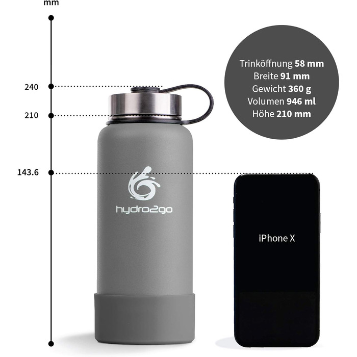 Гідрофляга hydro2go X-AlpsBottle 1 л з нержавіючої сталі – вакуумна термобутилка з 3 кришками, подвійними стінками, для спорту та туризму, Stone Grey