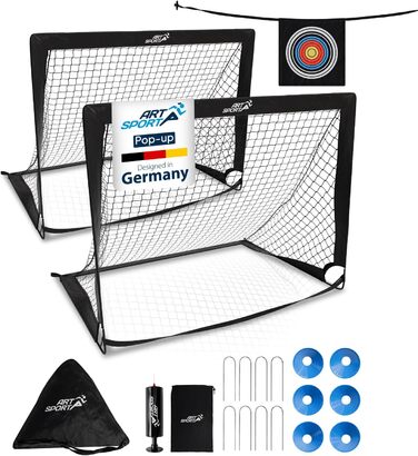 ArtSport Ворота для футболу Pop-up Goal Master - комплект 2 шт. з аксесуарами - складані та готові до гри - 2 футболні ворота для залу та саду - для дітей, чорні