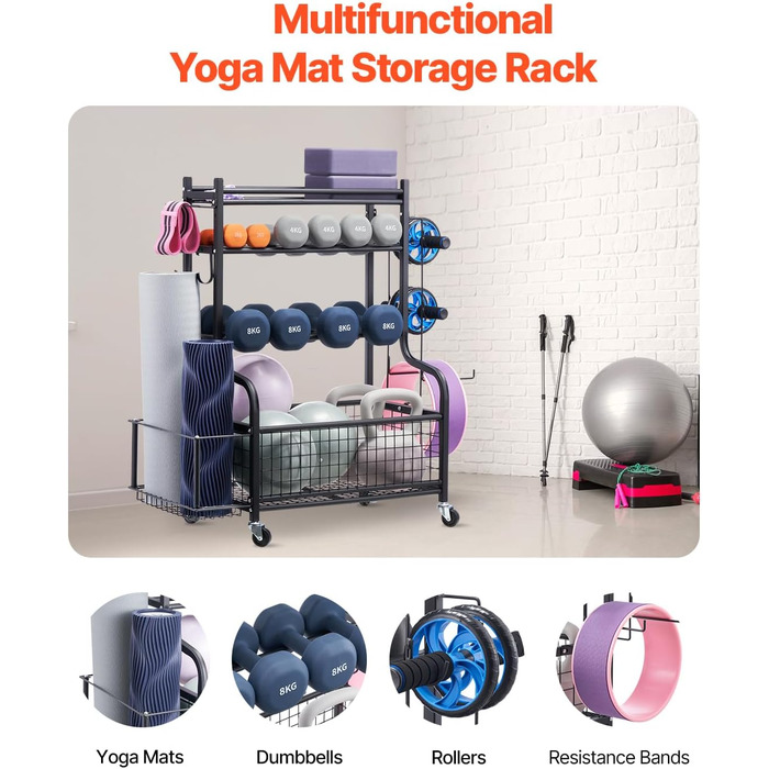 Стенд для зберігання та підтримки йогаматів та гантелей VEVOR - мобільний, з колесами та гачками, для домашніх тренувань