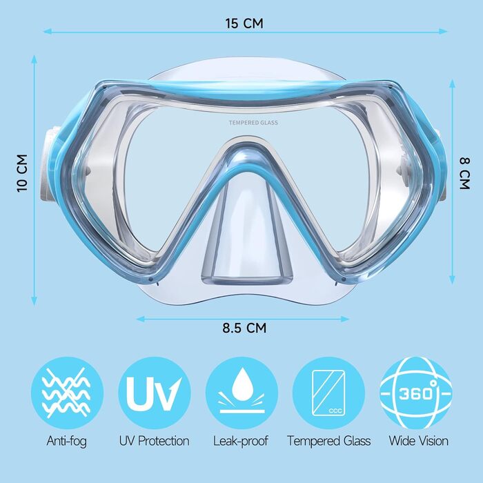Дитяча маска для снорклінгу Findway з набірною маскою та антизапітніючою поверхнею, 180° панорама, для дітей 4-16 років, блакитна