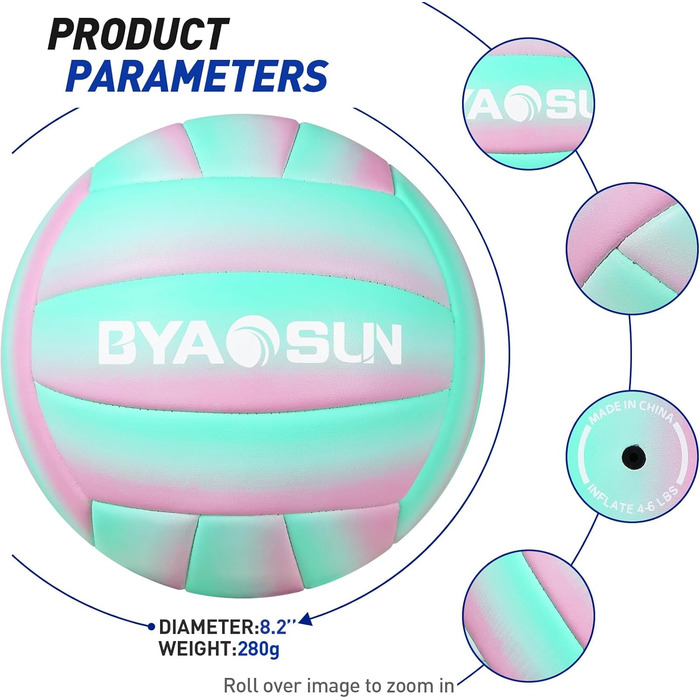 Волейбольний м'яч BYAOSUN для пляжу та залу, розмір 5, для початківців, підлітків та дорослих (зелений, рожевий)