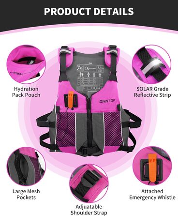 Рятувальний жилет Owntop для дорослих та юнаків з пискликом та рюкзаком для води, сітчастими кишенями, регульований, легкий, унісекс, для SUP, каякінгу, риболовлі, всіх водних видів спорту, рожевий, XS/S (40-60 кг)
