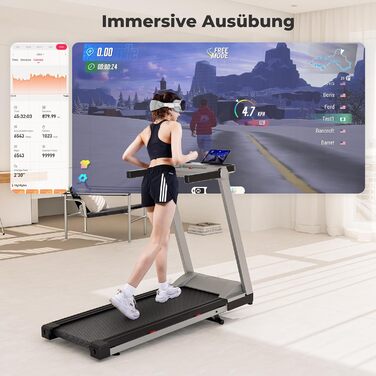 Біговий тренажер DeerRun для дому, Walking Pad з нахилом 6% та поверхнею для бігу 42 x 112 см, складаний з AI тренером та грою Multi-Runner (срібний)