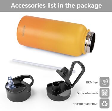 Термос пляшка з нержавіючої сталі 1 л, 2 кришки, трубочка, BPA Free, герметична, підходить для газованої води, вакуумна ізоляція, для спорту, подорожей, кемпінгу