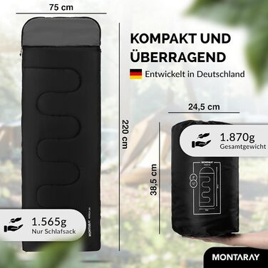 Спальний мішок для кемпінгу з капюшоном до -3°C з подушкою - теплий зимовий та літній спальник 3-4 сезони (75 x 220 см) - туристичний спальник для жінок та чоловіків (чорний, 280GSM)