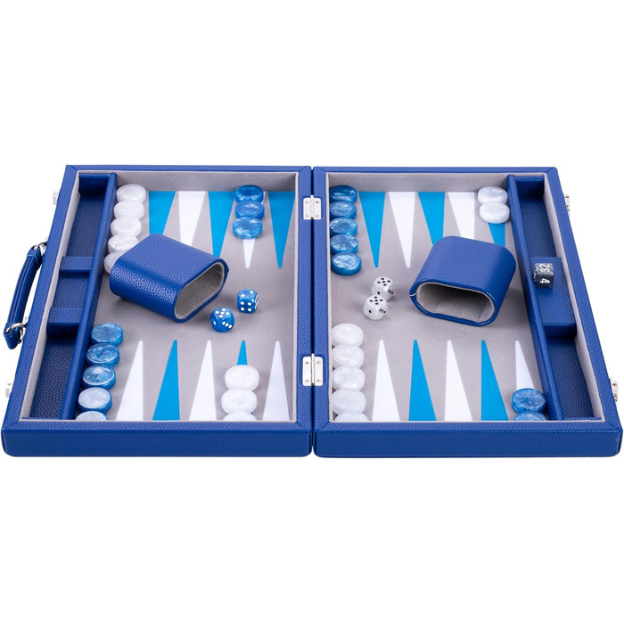 Набір для гри в кістки Енгельхарт Люкс 38 см - преміум якість, шкірозамінник, спеціальне покриття з фільцу, перламутрові кубики та фішки + 2 стаканчики - професійний та для дому, блакитний