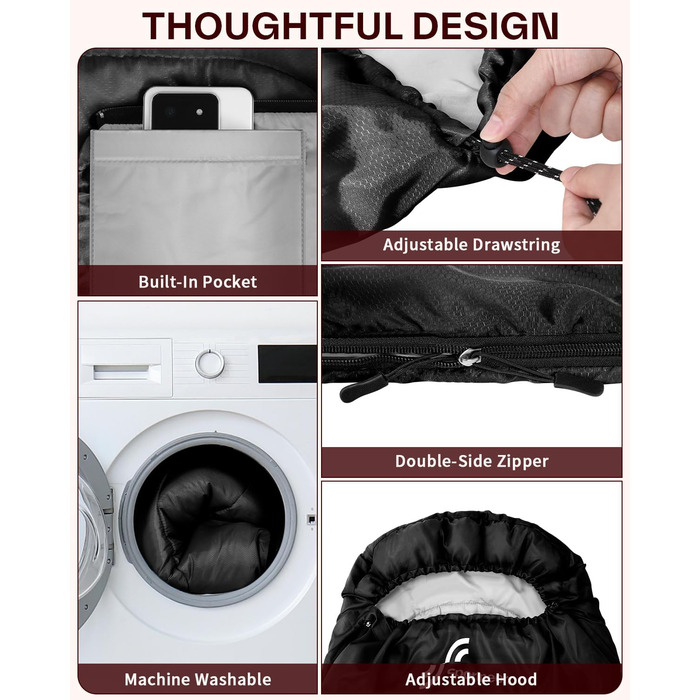 Спальний мішок Sportneer Outdoor 3-4 сезони для дорослих, 200x85см, чорний