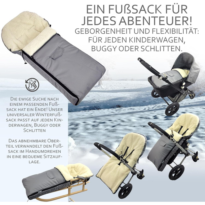 Дерев'яні санки BambiniWelt з підніжкою та тяговим тросом + зимовий чохол для ніг 108 см – тепла вовна, водовідштовхуючі – комбінований набір для дитячої коляски та візка Чорний