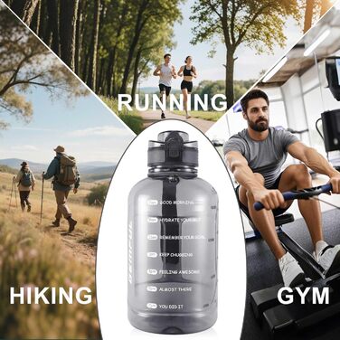 Фляга спортивна GEMFUL 2L з мітками часу - BPA-free, без витоку, з ручкою для фітнесу, офісу та відпочинку (Сіра)