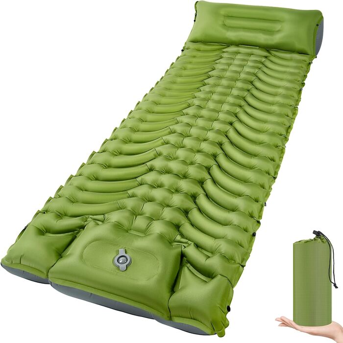 MEIJO Килимок для кемпінгу самонадувний, ізомат, туристичний килимок, Ultraleicht з насосом для ніг, товстий, для відпочинку на природі, у наметі, на пляжі, блакитний & сірий (зелений & сірий)