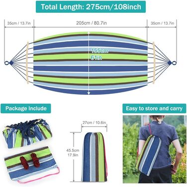 Гамак для відпочинку на природі: Outdoor, для кемпінгу, з дерев'яною перекладиною, ременями кріплення та сумкою. Підходить для дому, балкону, тераси, саду, подорожей з рюкзаком (світло-зелений)