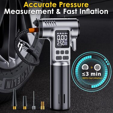 Електричний портативний компресор Bwaliffury 150 PSI, міні-насос з LED-ліхтарем і молотком безпеки, 5 режимів, для авто, мотоцикла, велосипеда