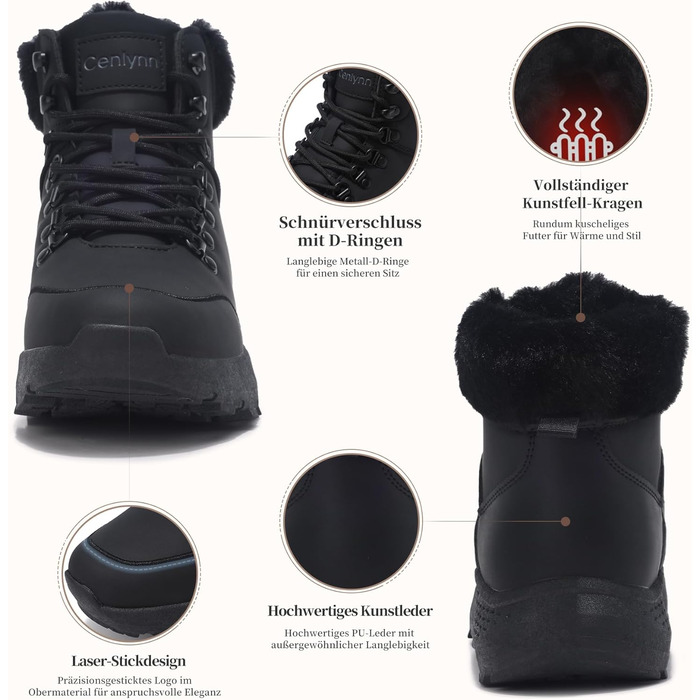 Зимові черевики для жінок, зимові чоботи, утеплені снігові чоботи, трекінгові черевики для хайкінгу, чорний колір, розмір 38 EU