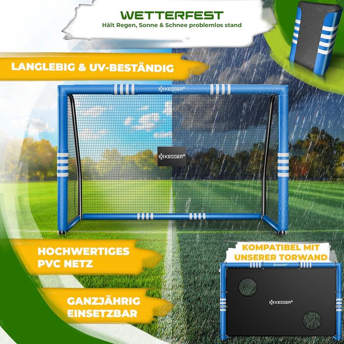 Ворота для футболу KESSER® для саду, 240 см, міцні, для тренувань, з UV-стійким сіткою, сталевий каркас з підкладкою, фіксатори для землі, насос, конуси, аксесуари для монтажу, для дітей та дорослих, блакитні