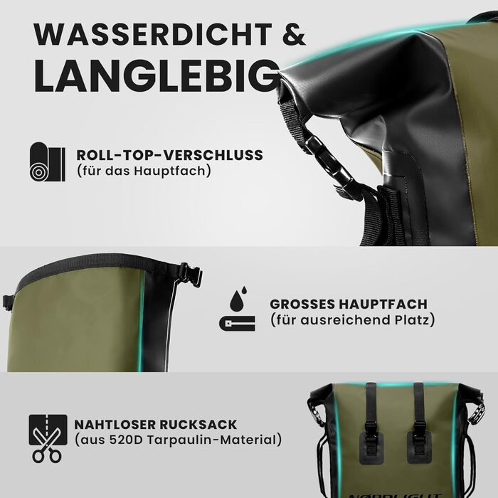 Водонепроникний рюкзак Nordlight Dry Bag 35л з ролтопом, з м'яким плечовим ременем. Підходить для водного спорту, велосипеда, кур'єра, трекінгу та риболовлі (Оливковий, 35 л)