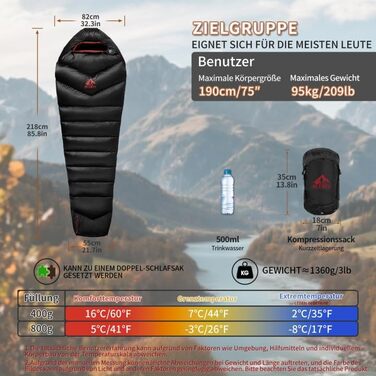 Спальний мішок BUERTS Daunen Summer, 620FP, компактний, для дорослих та підлітків, кемпінг, походи, активний відпочинок. З компресійним мішком, 16°C (5°C).