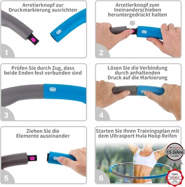 Ultrasport обруч Hula Hoop для тренування спини та пресу, 6 сегментів, м'який пінистий матеріал, зменшена кількість виступів, для початківців та досвідчених, синій/сірий