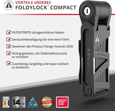 FoldyLock Compact: Патентний захист, надійний замок для велосипеда з ключем та кріпленням. 85 см, Coal. Захист для електровелосипеда, скутера та ролера