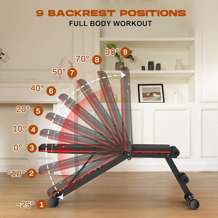 Складана лава для тренувань Roygym, мультифункціональна, з регульованою спинкою, для загальної фізичної підготовки, витримує до 400 кг, чорно-червона