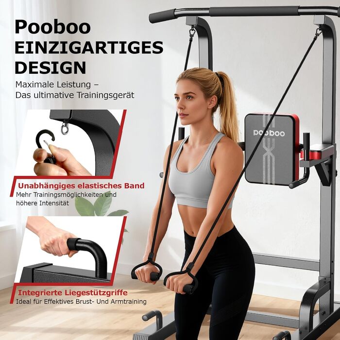 Силовий комплекс Pooboo Power Tower: багатофункціональний турнік з брусами для дому, 11 рівнів регулювання висоти, еластичні стрічки, чорний