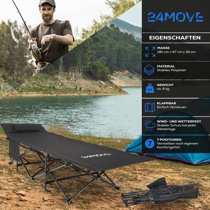 Розкладне ліжко 24MOVE® для кемпінгу та відпочинку на природі, 190x67x34 см, чорне