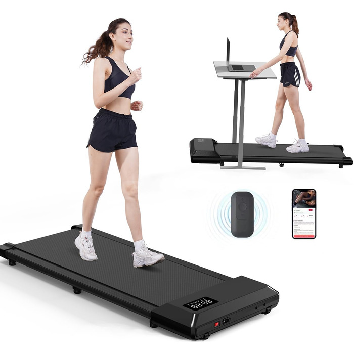 Бігова доріжка MJWW Walking Pad з APP-керуванням, для дому, підтримка AI-тренувань, багатокористувацькі забіги, до 159 кг, чорна, 90 см, сумісна з high-tech пристроями